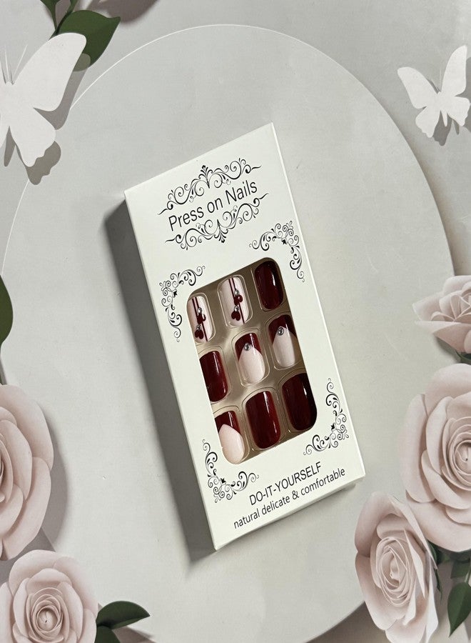 GRITOSE Valentine's Day Press on Nail Short Square Fake Nails Red False Nails with Rhinestones designs Acrylic French Tip Press ones Glossy Full Cover Reusable Glue on Nails for Women 24pcs - Image 2